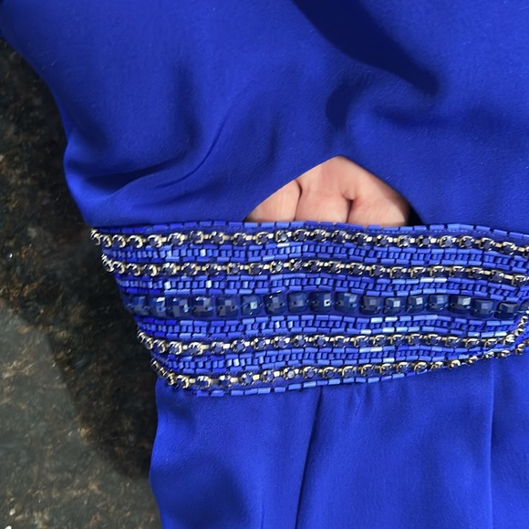 ** HOLIDAY SPECIAL ** IEENA for Mac Duggal blue  jumpsuit with beaded waistband - Picture 5 of 9